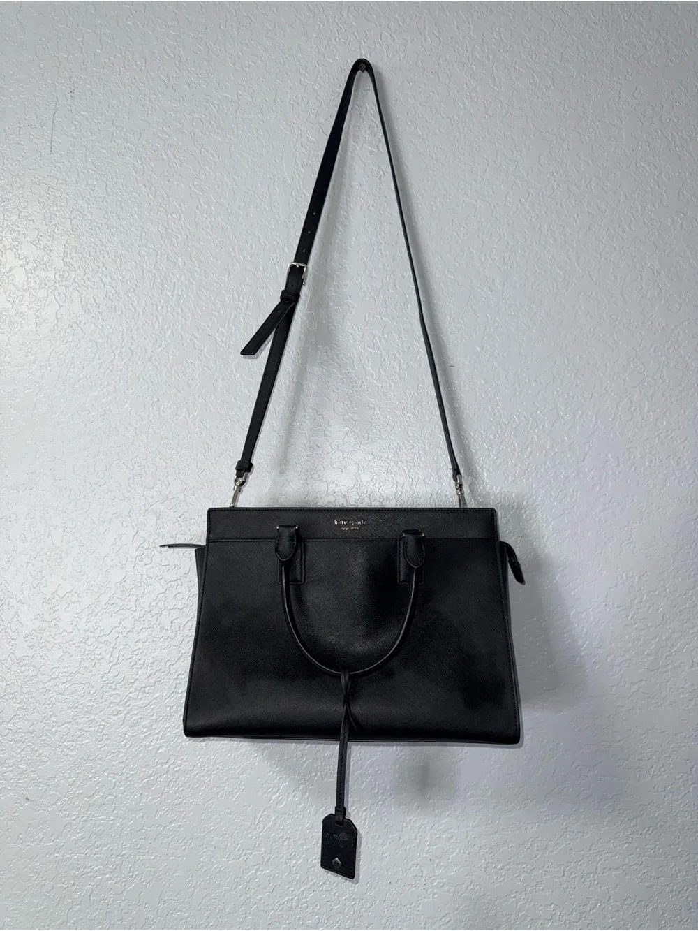 kate spade black leather satchel with adjustable crossbody strap